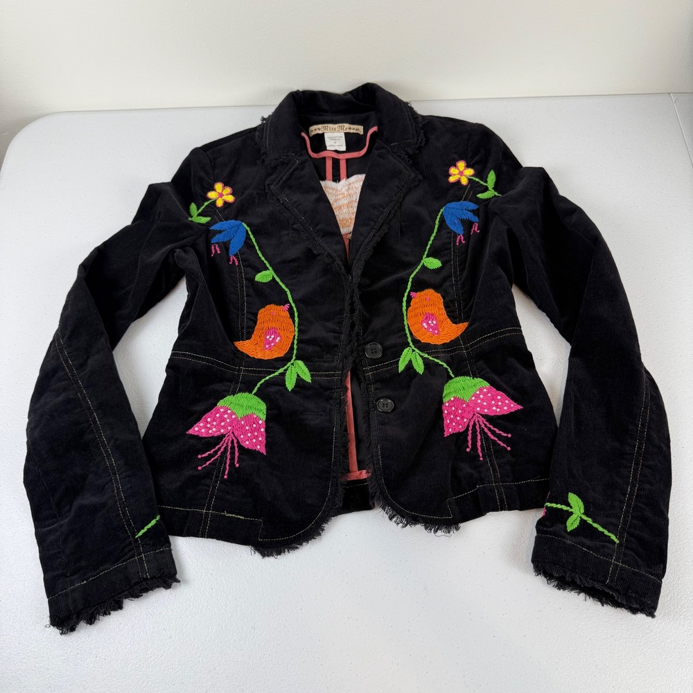 Y2K Miss Me Women's Black Embroidered Corduroy Blazer Jacket Floral Heart Medium